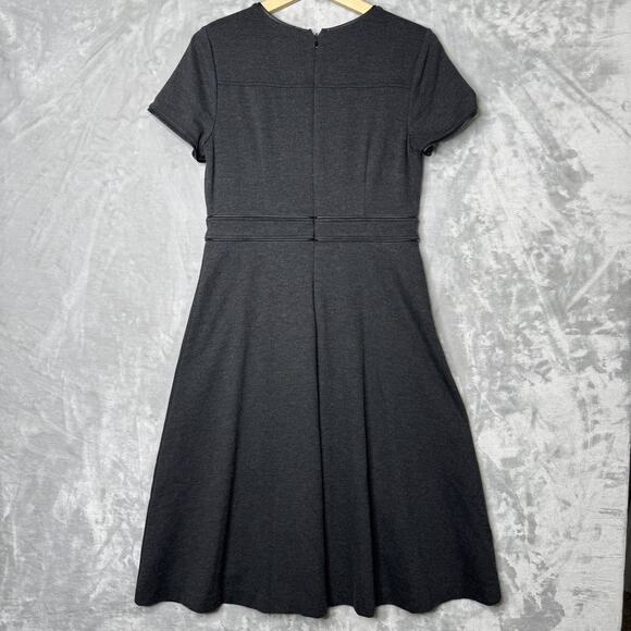 Ann Taylor Dress Womens 6 Gray Short Sleeve Faux Leather Trim Fit Flare Work - Picture 2 of 13